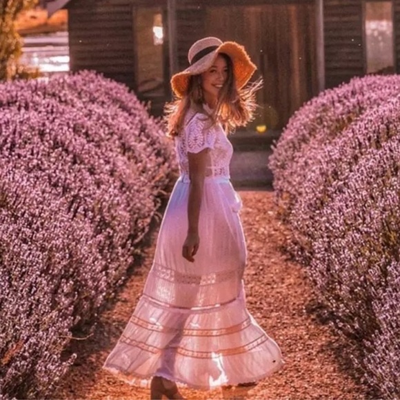 Boho White Tassel Tie Clouded Dream Cotton Maxi Skirt With Lace Embroidery - Picture 12 of 12